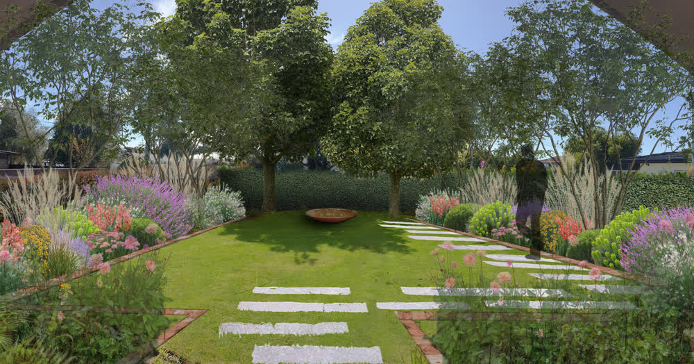 Rendered landscape design plan with planting, lawn, and paver layout